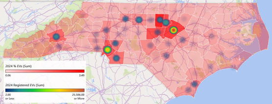 Color-coded map of North Carolina county-level EV data